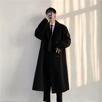 Весенняя корейская версия утолщенного шерстяного пальто для мужчин средней длины в гонконгском стиле, трендовая однотонная хлопковая куртка выше колена