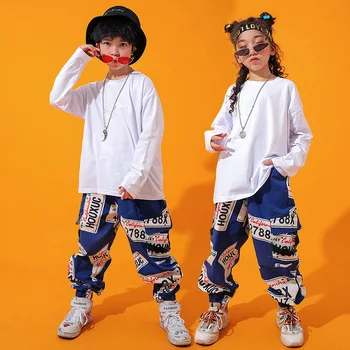 Детский костюм для уличных танцев, Белая футболка для мальчиков, Брюки с граффити, толстовка для девочек, джоггеры, одежда в стиле хип-хоп, детская уличная одежда в стиле джаз