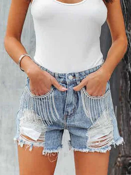Женские рваные джинсовые шорты с кисточками Модные потертые короткие джинсы с необработанным подолом и бахромой, горячие брюки, Летняя женская повседневная одежда