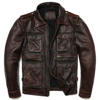 НОВАЯ мужская куртка из натуральной кожи в винтажном стиле M65 коричневого цвета из натуральной воловьей кожи, модные тонкие куртки для мужчин