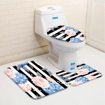 Набор из 3 цветочных ковриков для ванной комнаты, Весенний розовый цветок, Черные, белые полосы, Коврик для ванной с эффектом памяти с низким ворсом, крышка унитаза, U-образный ковер