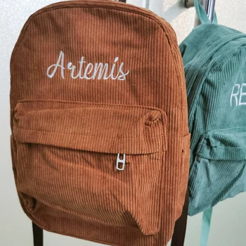 Персонализированная вышитая именная вельветовая сумка, студенческий рюкзак на заказ, большая вместимость, Однотонный подарочный школьный ранец для мальчиков и девочек