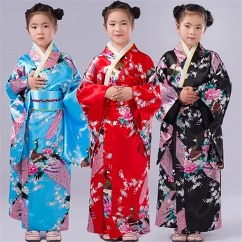 110-150 см Японские традиционные костюмы для девочек Платье-кимоно с Оби Купальный халат Юката для детей Танцевальная одежда для девочек