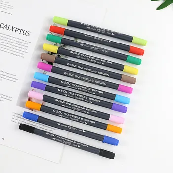 12шт Двусторонняя маркерная ручка с мягкой головкой, 12 цветов, Акварельная пигментная ручка, цвет чернил, ручка, рисованная кисть