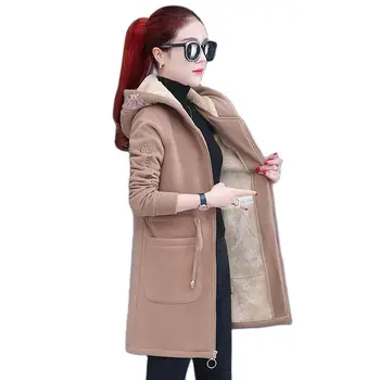 2023 Новые весенне-осенние пальто с капюшоном средней длины с добавлением бархата, зимняя куртка Женская Повседневная с вышивкой из шерсти ягненка, пальто с капюшоном, верхняя одежда