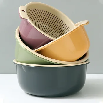 3-цветная многофункциональная двухслойная утолщенная корзина для слива воды, кухонная портативная пластиковая выдолбленная корзина для мытья риса и овощей