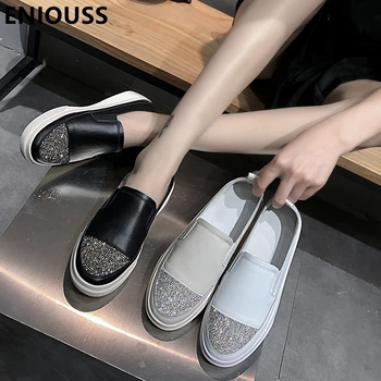 ENIOUSS/ Весенне-летние женские повседневные туфли на плоской подошве из натуральной кожи без застежки, модные дизайнерские женские лоферы со стразами