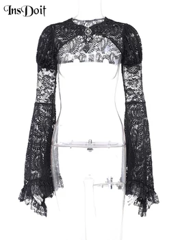 InsDoit Mall, готическая кружевная блузка, женские винтажные сетчатые прозрачные футболки с длинными рукавами, топы на пуговицах