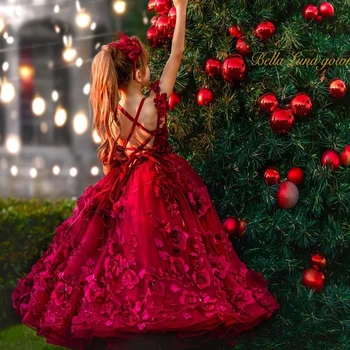 Pincess/ Красные платья для девочек в цветочек, бальное платье, модный наряд для маленьких девочек на День рождения, платья для свадебной вечеринки, костюмы по индивидуальному заказу