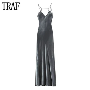 TRAF 2023 Длинные платья-слипы для женщин, женское платье с открытой спиной из серебряной фольги, блестящие макси Платья для выпускного вечера, женское летнее платье на тонких бретелях