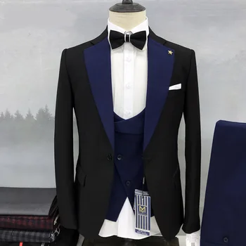 Блейзер, мужские костюмы для свадьбы, наряды из трех предметов, Черно-фиолетовая шаль с лацканами, однобортная мода, новое поступление, элегантный приталенный крой.
