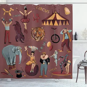 Винтажный ретро цирковой принт с палаткой Голова Тигра Воздушные шары Собаки Художественная Ткань Декор ванной комнаты