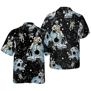 Гавайская рубашка Lonely Skull Planet Outer Space 2023, новый мужской повседневный топ с принтом, мужская рубашка с короткими рукавами
