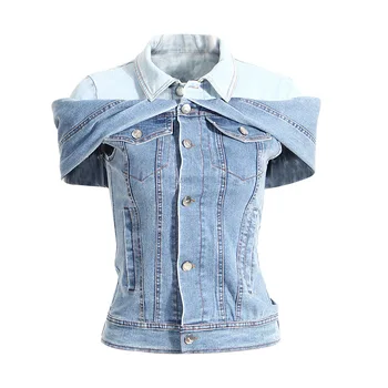 Женская весенне-осенняя новинка 2023 года, Y2K, милая, прохладного цвета, искусственная джинсовая рубашка из двух частей с открытыми плечами, куртка