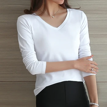 Женская футболка с длинными рукавами, Нижняя рубашка, Рубашка с круглым или V-образным вырезом, Черный, Белый, Однотонный Топ, Домашняя одежда, Футболка