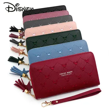Женский кошелек Disney Mickey Высокого качества Модный кошелек с длинным рукавом Многофункциональный для хранения карт Однотонная мультяшная сумка на молнии
