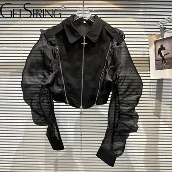 Женское пальто Getspring, лето 2023, Черное, Белое, Элегантное, с двойной застежкой-молнией, с открытыми плечами, с сетчатым складным рукавом, короткая куртка для женщин