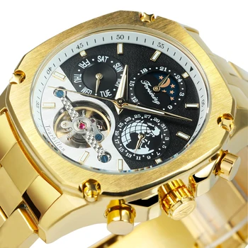 Золотые квадратные часы-скелет, Ретро Moon Phase Tourbillon, мужские часы, лучший бренд, Роскошный ремешок из нержавеющей стали, многофункциональные часы