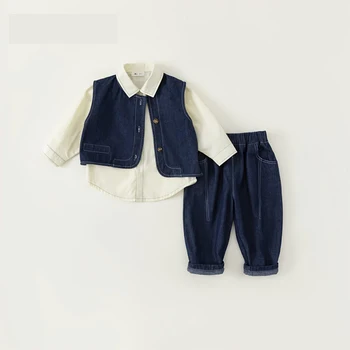 Комплект из 3 предметов, весенне-осенний комплект одежды для мальчиков, джинсовый жилет + топ + брюки, корейская дизайнерская одежда для маленьких мальчиков 2-10 лет
