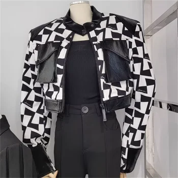 Короткое пальто в черно-белую клетку, женское, весенняя новинка 2023, куртка из искусственной кожи, мотоциклетная куртка с верхним карманом для девочек