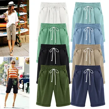 Летние шорты Женские эластичные пятиточечные брюки с завязками, шорты-бермуды длиной до колен, шорты-бермуды для женщин, повседневные шорты-бермуды