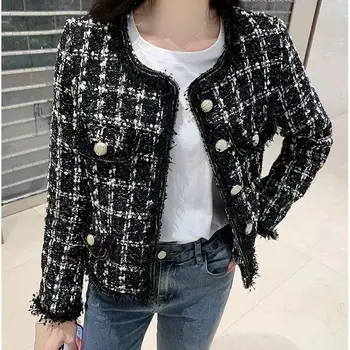Модная весенняя куртка с небольшим ароматом, женская короткая куртка Корейского темперамента, тонкая Женская куртка в лоскутную клетку, высококачественная A199
