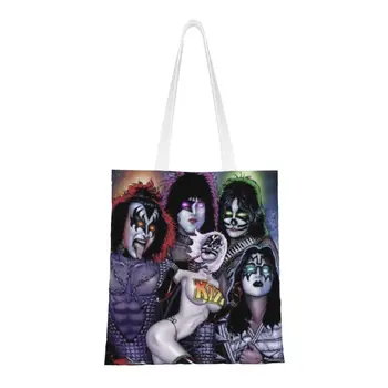 Модная печать Kiss Rock Band, сумки для покупок, Холщовая сумка для покупок через плечо