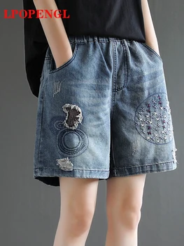 Модные Корейские джинсы с вышивкой, разрывающие дырки, Женские летние новые повседневные шорты свободного кроя с эластичной резинкой на талии, Оверсайз