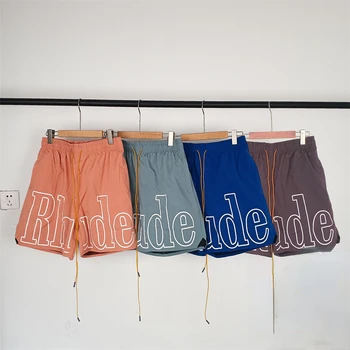 Модные шорты Rhude с крупным логотипом хорошего качества, мужские шорты Rhude с завязками 1: 1, женские винтажные бриджи, Внутренняя сетка с бирками