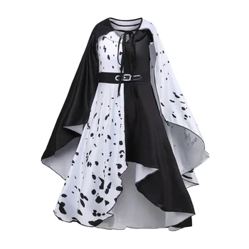 Модный костюм Круэллы для косплея, женское платье, черно-белые платья принцессы-ведьмы, одежда для косплея на Хэллоуин с накидками