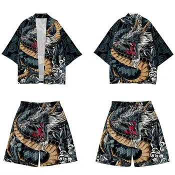 Мужское женское кимоно, кардиган и шорты с принтом дракона, Японская одежда Хаори Оби Юката, пляжное кимоно, одежда для косплея