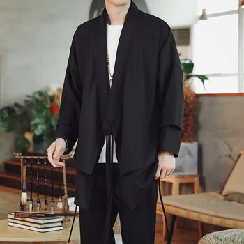 Мужское кимоно в китайском стиле, куртка-кардиган, Ханбок, поддельный японский костюм самурая из двух частей, винтажная куртка, халат Хаори больших размеров
