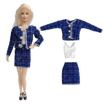 Новейший офисный женский наряд, платье ручной работы, клетчатый костюм, синяя юбка, осенняя одежда для куклы Барби, аксессуары для кукольного домика, игрушки своими руками