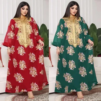 Платье Мусульманское Летнее, новинка Ближнего Востока, Дубай, вышитое из верблюжьей шерсти, Золотое кружевное платье-абайя, кимоно