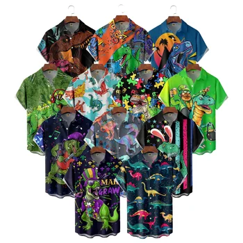 Плюс Размер, Новая Мужская Гавайская рубашка, Летний Универсальный Повседневный Кардиган С Лацканами И Короткими Рукавами, Тренд На Принт С Рисунком Динозавра