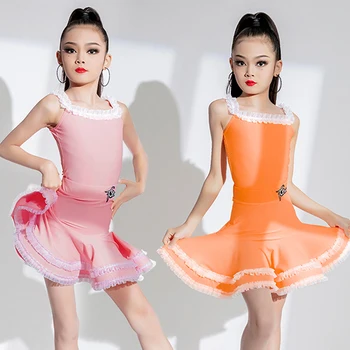 Розово-оранжевое платье для соревнований по латинским танцам, юбка для девочек, платье для латинских танцев без рукавов, бальное платье для чачи, танго, сальсы SL8276