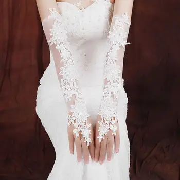 Свадебные перчатки, свадебные перчатки с голыми пальцами, новые длинные перчатки, перчатки с бантом из кружевной пряжи, весенне-летние свадебные перчатки для женщин