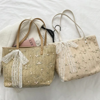 Соломенная женская сумка через плечо, модная женская сумка, повседневная пляжная сумка с кружевной цветочной вышивкой, сумка для покупок большой емкости