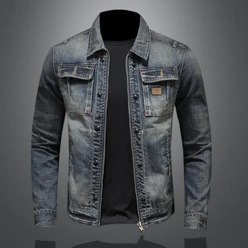Тренд 2023Fashion everything красивая индивидуальность мотоциклетная джинсовая куртка на молнии пальто мужская джинсовая одежда с лацканами тренд ретро