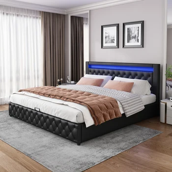 Функциональная кровать с мягкой обивкой 180 x 200 см, с решетчатой рамой и местом для хранения, черная, PU
