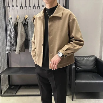 Шерстяное пальто Harajuku, мужской однотонный отложной воротник, однобортные карманы, мужские пальто, Мешковатая повседневная куртка с длинным рукавом